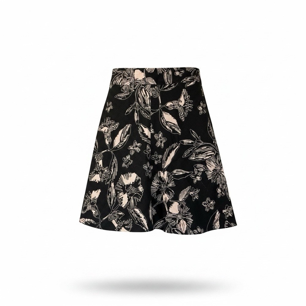 Merona Womens A Line Skirt Size 2 Black Floral Linen Canvas Lined Knee Length